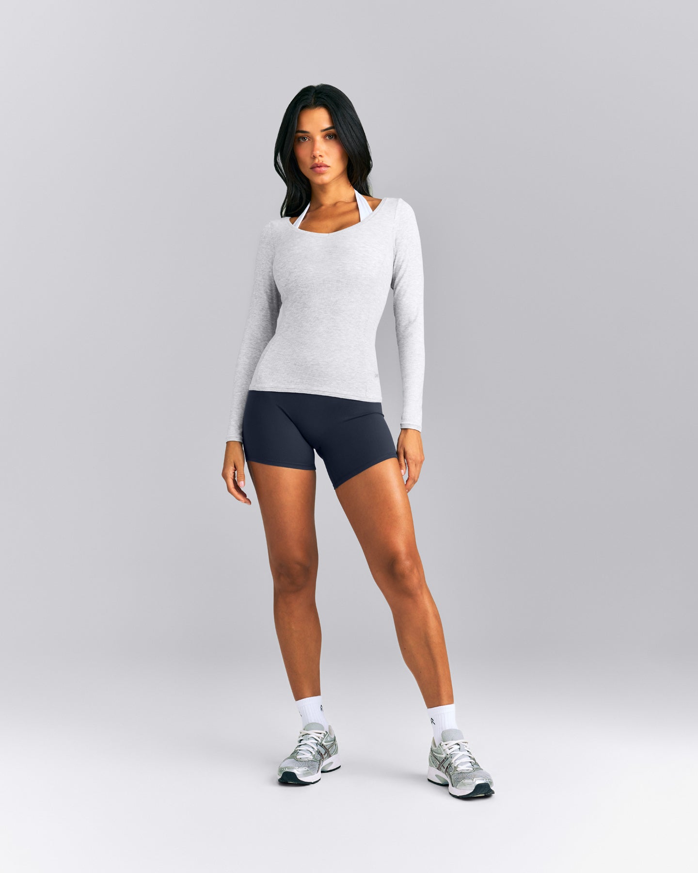 Mellow™ Rib V Neck Long Sleeve Top | Light Grey Marl