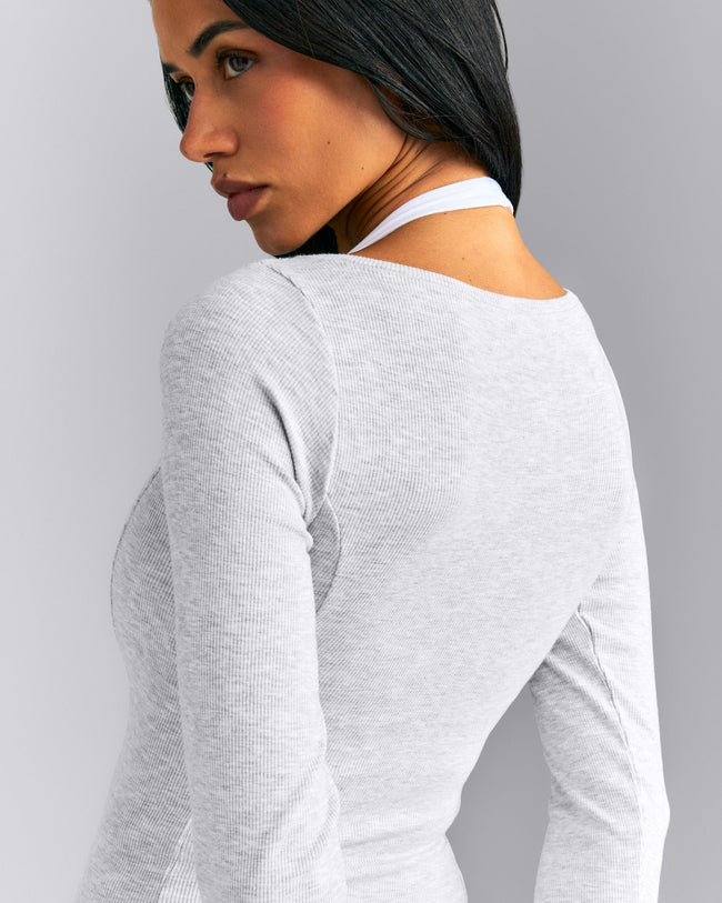 Mellow™ Rib V Neck Long Sleeve Top | Light Grey Marl
