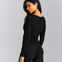 Mellow™ Rib V Neck Mid Long Sleeve Top | Black