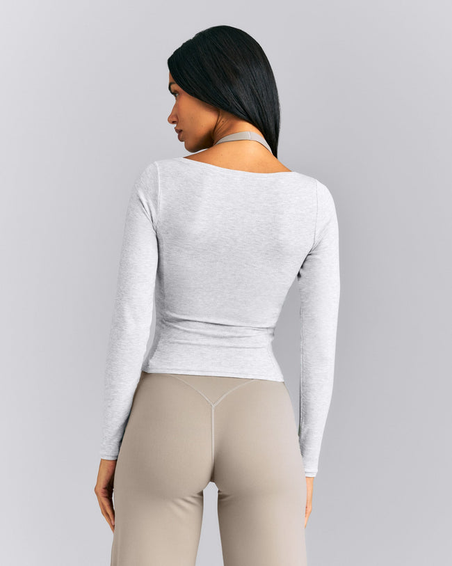 Mellow™ Rib V Neck Mid Long Sleeve Top | Light Grey Marl