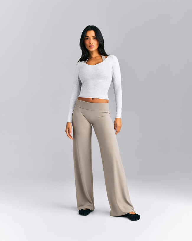 Mellow™ Rib V Neck Mid Long Sleeve Top | Light Grey Marl