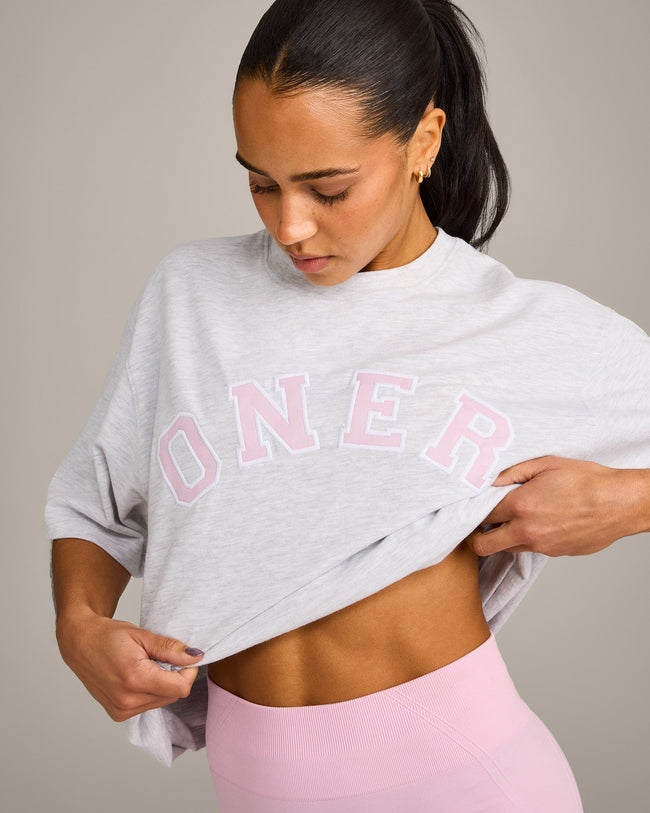 Oversized Oner Girlfriend Washed T-Shirt | Light Grey Marl/Chalk Pink