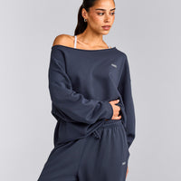Cotton Vintage Lounge Off-The-Shoulder Sweatshirt | Washed True Blue
