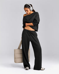 Cotton Vintage Lounge Wide Leg Joggers | Washed Black