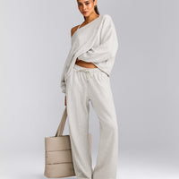 Cotton Vintage Lounge Wide Leg Joggers | Light Grey Marl