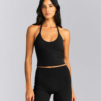 SoftMotion™ Strappy Halter Neck Mid Tank Top with Built in Bra Shelf New Branding | Black