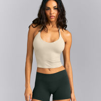 SoftMotion™ Strappy Halter Neck Mid Tank Top with Built in Bra Shelf | Oatmeal