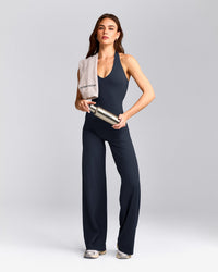 SoftMotion™ Halter Neck Tank Top with Built in Bra Shelf with Gray Logo | True Blue