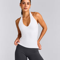 SoftMotion™ Halter Neck Tank Top with Built in Bra Shelf with Gray Logo | White