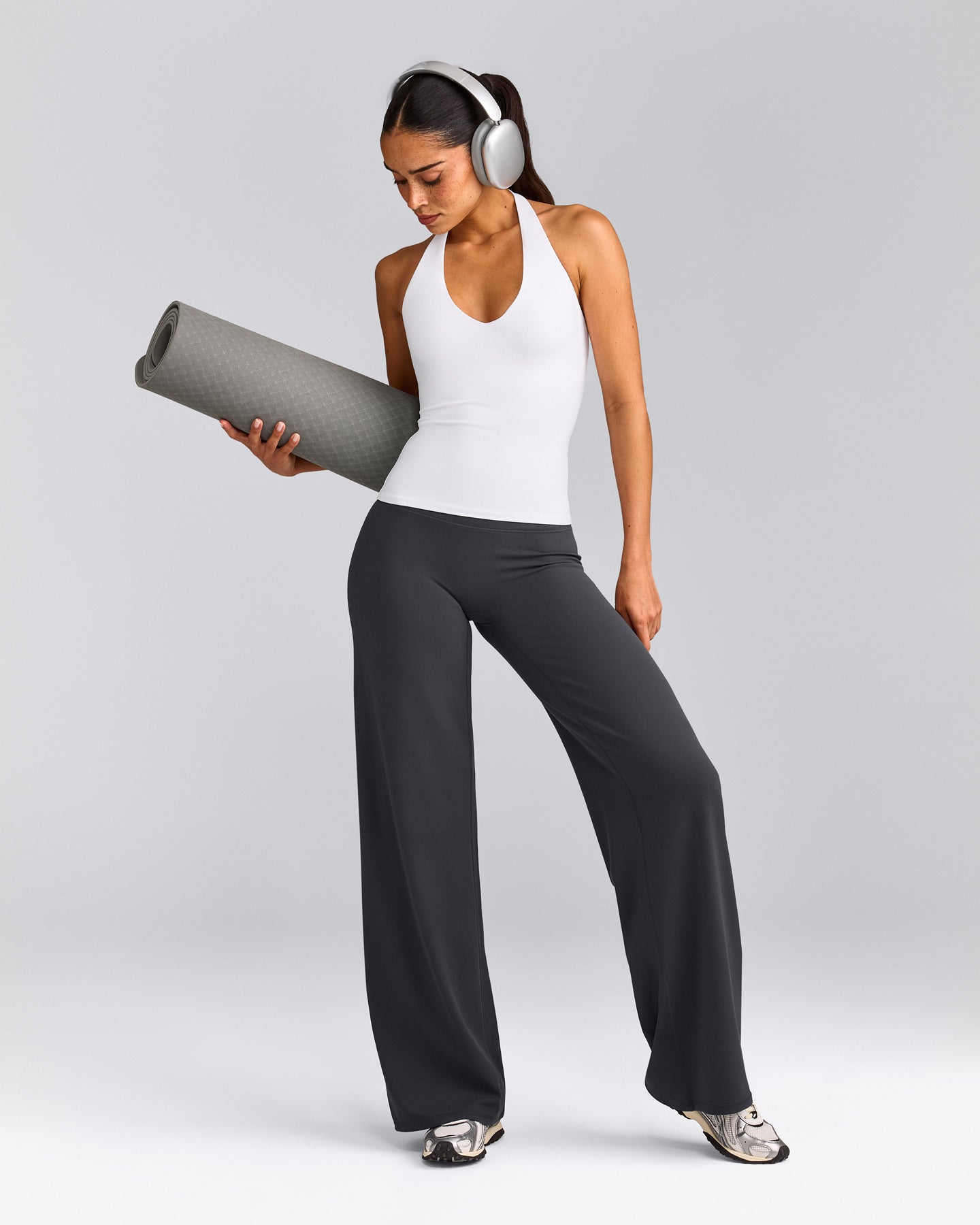 SoftMotion™ Halter Neck Tank Top with Built in Bra Shelf with Gray Logo | White