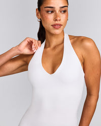 SoftMotion™ Halter Neck Tank Top with Built in Bra Shelf with Gray Logo | White
