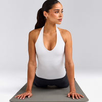 SoftMotion™ Halter Neck Tank Top with Built in Bra Shelf with Gray Logo | White