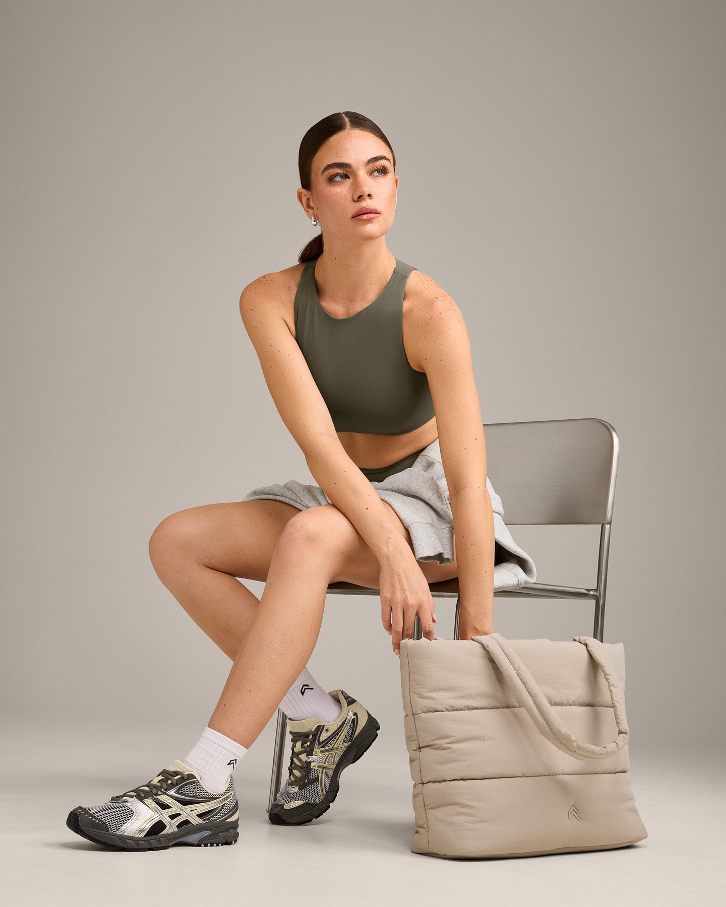 SoftMotion™ High Neck Sports Bra with Grey Logo | Alpine Green