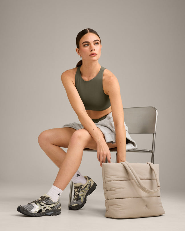 SoftMotion™ High Neck Sports Bra with Grey Logo | Alpine Green