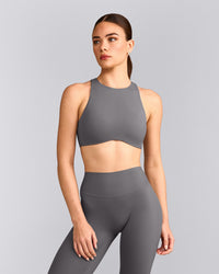 SoftMotion™ High Neck Sports Bra with Grey Logo | Ash Grey