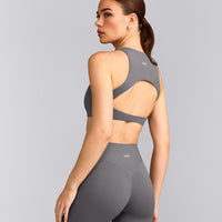 SoftMotion™ High Neck Sports Bra with Grey Logo | Ash Grey