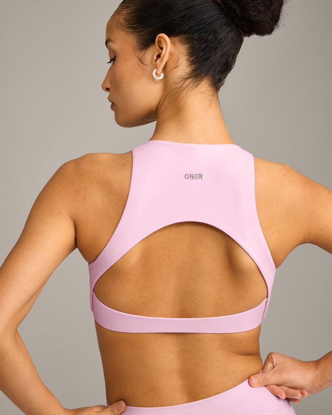 SoftMotion™ High Neck Sports Bra with Grey Logo | Chalk Pink