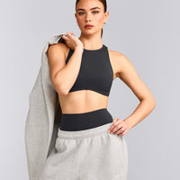SoftMotion™ High Neck Sports Bra with Grey Logo | Coal