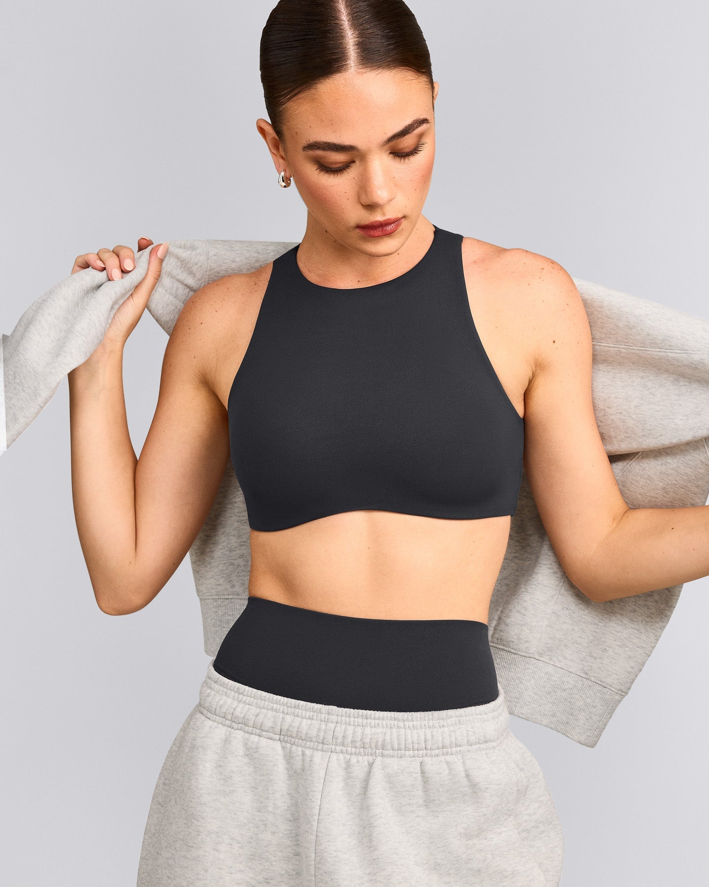 SoftMotion™ High Neck Sports Bra with Grey Logo | Coal