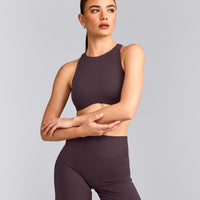 SoftMotion™ High Neck Sports Bra with Gray Logo | Dark Umber Brown