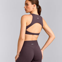 SoftMotion™ High Neck Sports Bra with Gray Logo | Dark Umber Brown