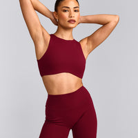 SoftMotion™ High Neck Sports Bra with Grey Logo | Ruby Red