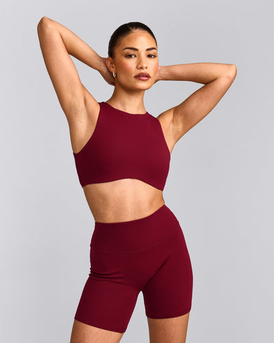 SoftMotion™ High Neck Sports Bra with Grey Logo | Ruby Red