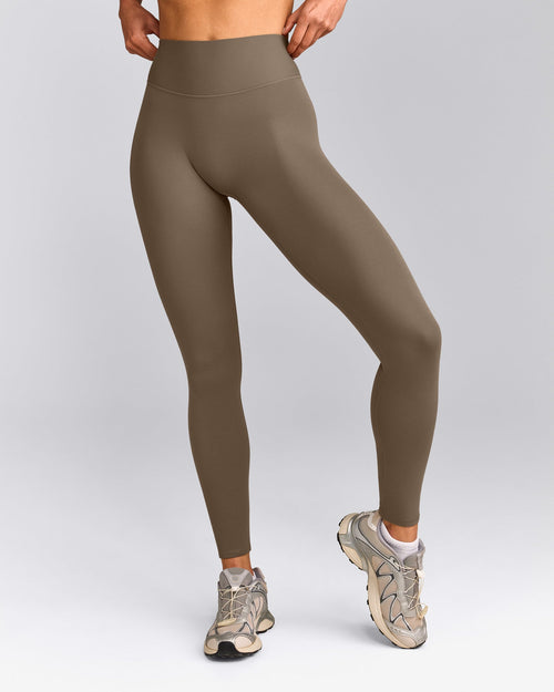 SoftMotion™ High Waisted Leggings with Gray Logo | Moss Brown