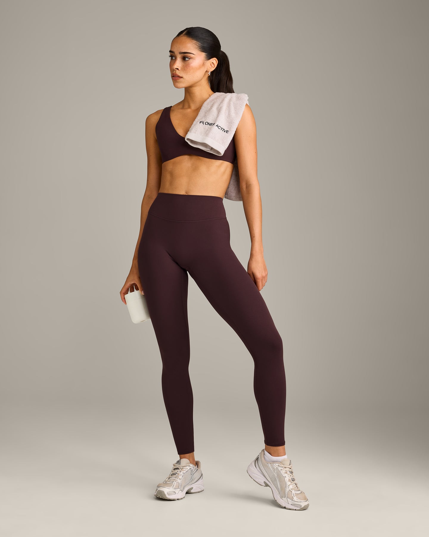 SoftMotion™ High Waisted Leggings with Grey Logo | Plum Brown