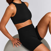 SoftMotion™ High Waisted Shorts 6" with Grey Logo | Black