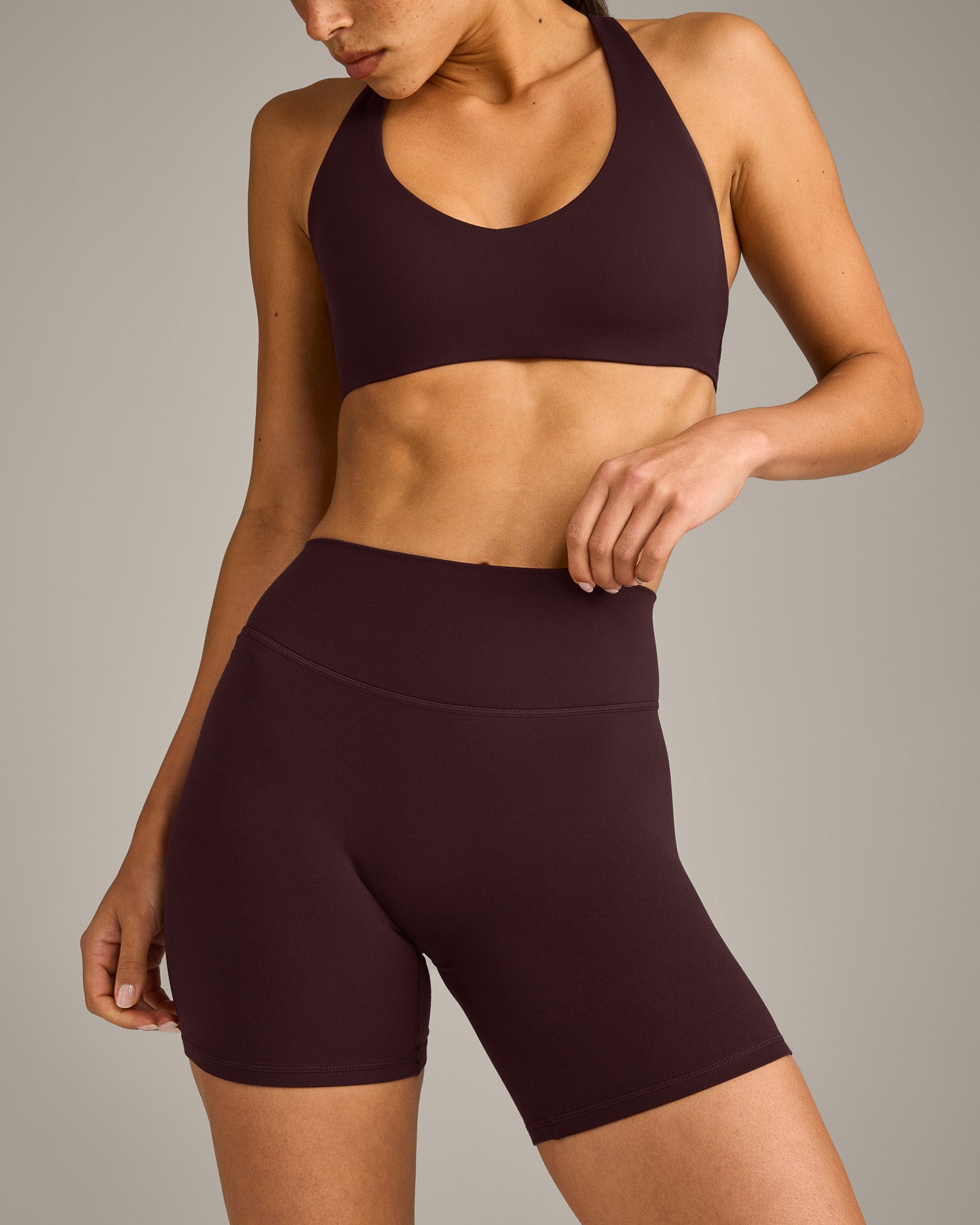 SoftMotion™ High Waisted Shorts 6" with Grey Logo | Plum Brown