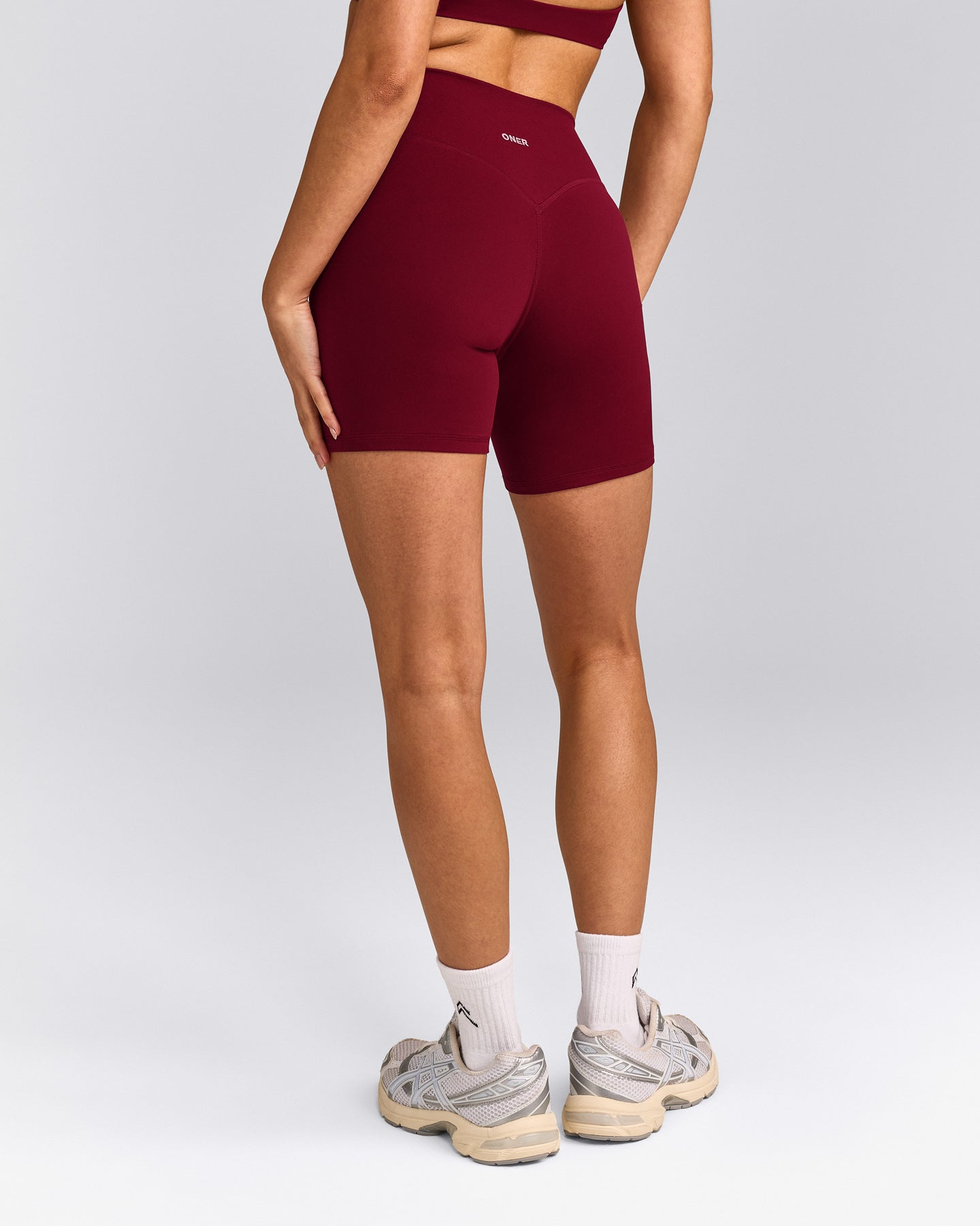SoftMotion™ High Waisted Shorts 6" with Gray Logo | Ruby Red