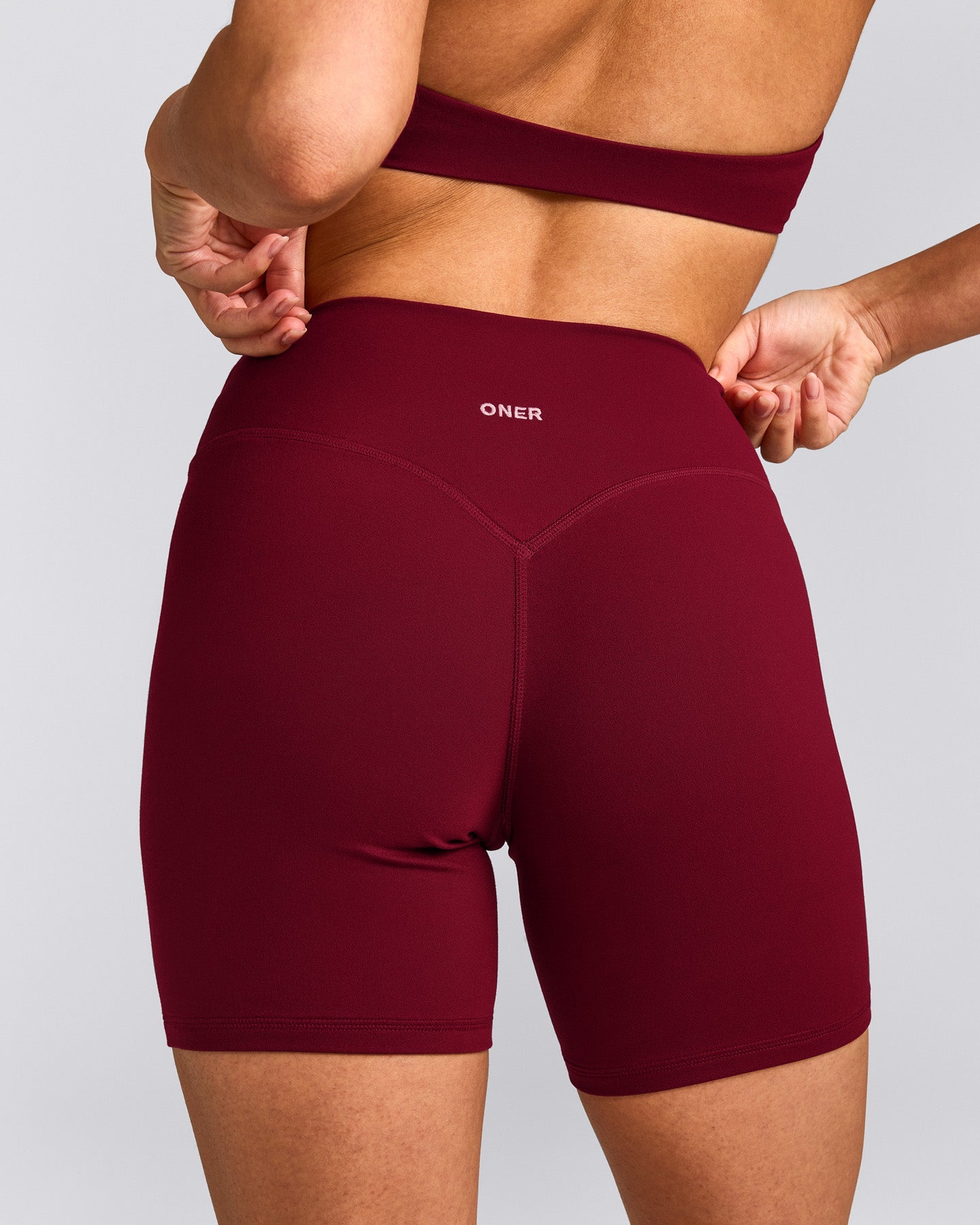 SoftMotion™ High Waisted Shorts 6" with Gray Logo | Ruby Red