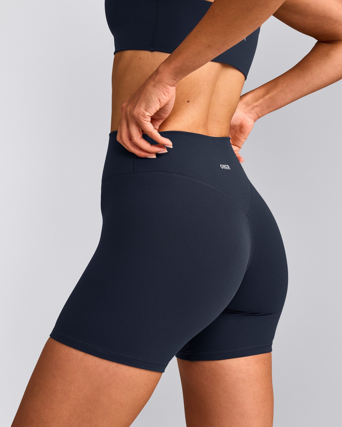 SoftMotion™ High Waisted Shorts 6" with Grey Logo | True Blue