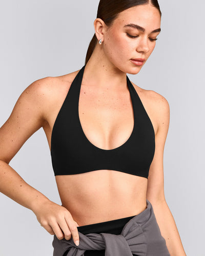 SoftMotion™ Minimal Halter Neck Bralette with Gray Logo | Black