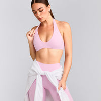 SoftMotion™ Minimal Halter Neck Bralette with Grey Logo | Chalk Pink