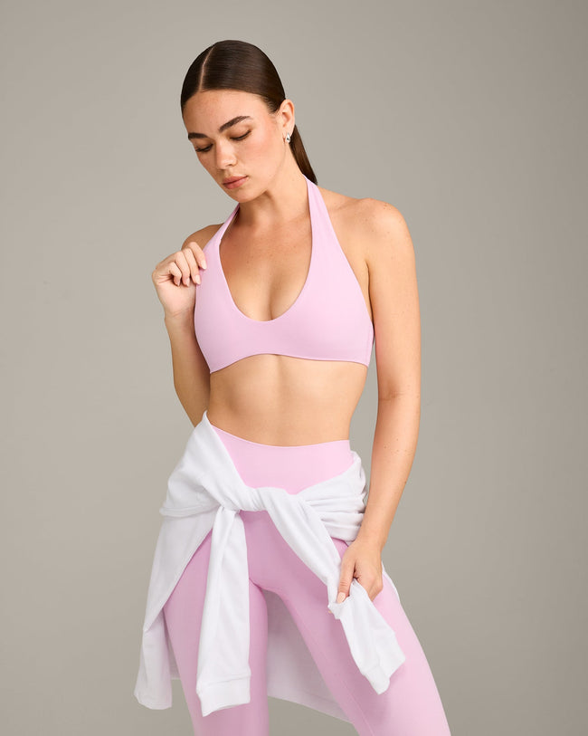 SoftMotion™ Minimal Halter Neck Bralette with Grey Logo | Chalk Pink