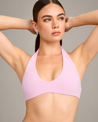 SoftMotion™ Minimal Halter Neck Bralette with Grey Logo | Chalk Pink