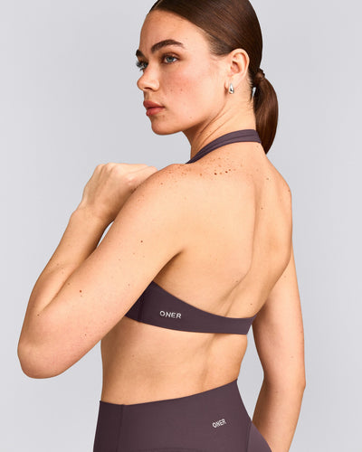 SoftMotion™ Minimal Halter Neck Bralette with Gray Logo | Dark Umber Brown
