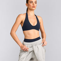 SoftMotion™ Minimal Halter Neck Bralette with Grey Logo | True Blue