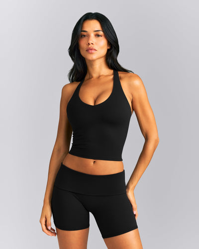 SoftMotion™ Racer Back Mid Tank Top with Built in Bra Shelf New Branding | Black