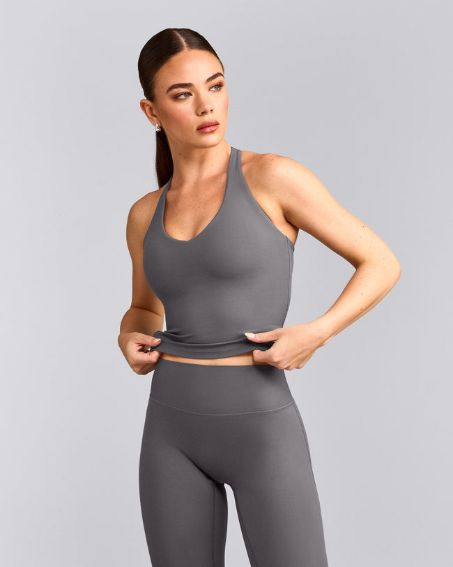 SoftMotion™ Racer Back Mid Vest with Built in Bra Shelf with Grey Logo | Ash Grey