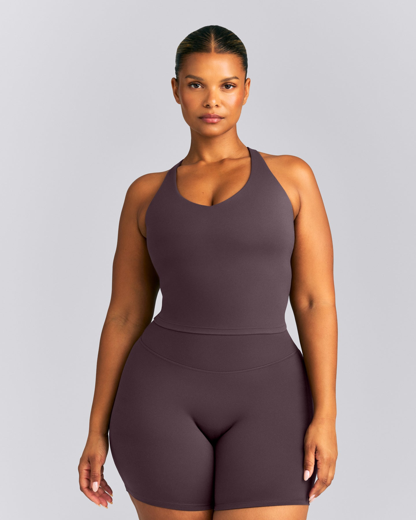 SoftMotion™ Racer Back Mid Tank Top with Built in Bra Shelf | Dark Umber Brown