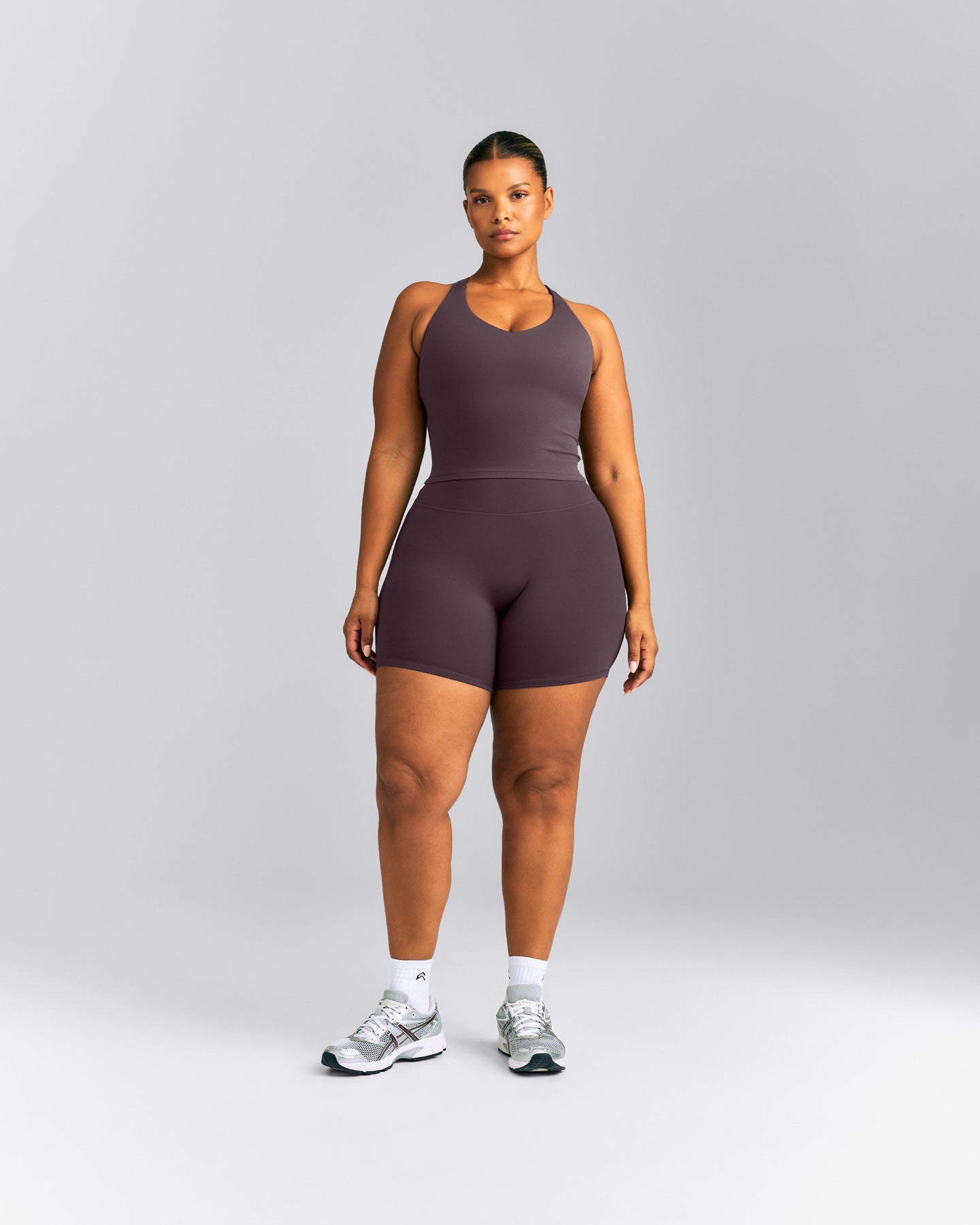SoftMotion™ Racer Back Mid Tank Top with Built in Bra Shelf | Dark Umber Brown