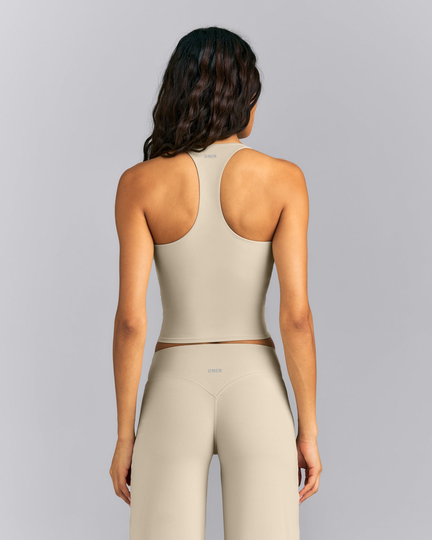 SoftMotion™ Racer Back Mid Tank Top with Built in Bra Shelf | Oatmeal