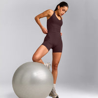 SoftMotion™ Racer Back Mid Vest with Built in Bra Shelf with Grey Logo | Plum Brown