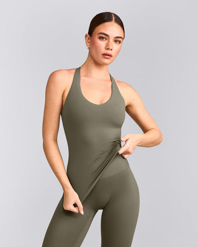 SoftMotion™ Racer Back Vest with Built in Bra Shelf with Grey Logo | Alpine Green