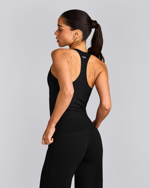SoftMotion™ Racer Back Tank Top with Built in Bra Shelf with Gray Logo | Black