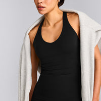 SoftMotion™ Racer Back Tank Top with Built in Bra Shelf with Gray Logo | Black