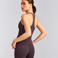 SoftMotion™ Racer Back Tank Top with Built in Bra Shelf with Gray Logo | Dark Umber Brown